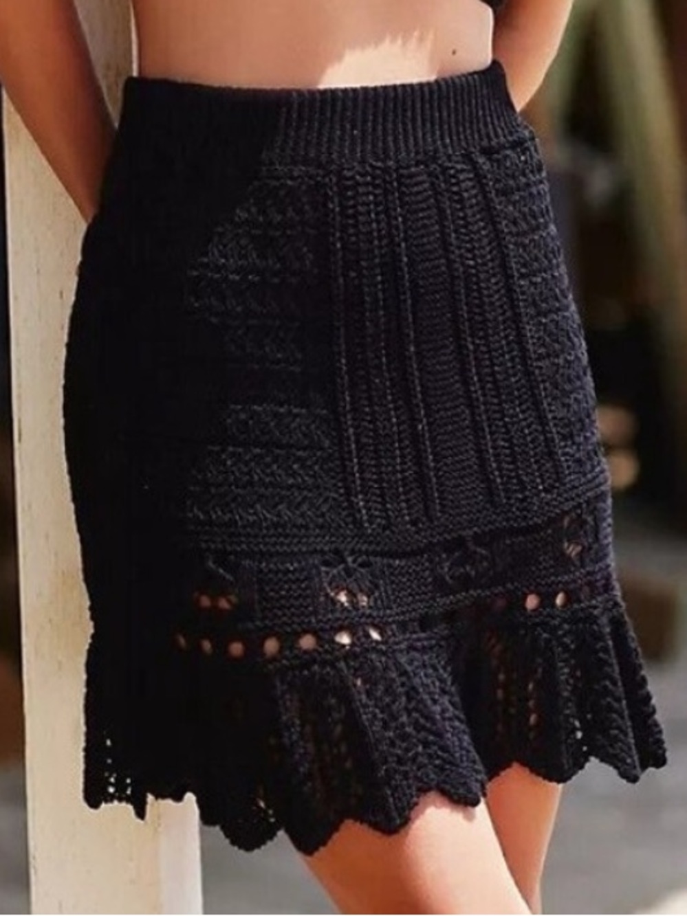 Anthropologie Crochet Knit Mini Skirt in Black Size L
